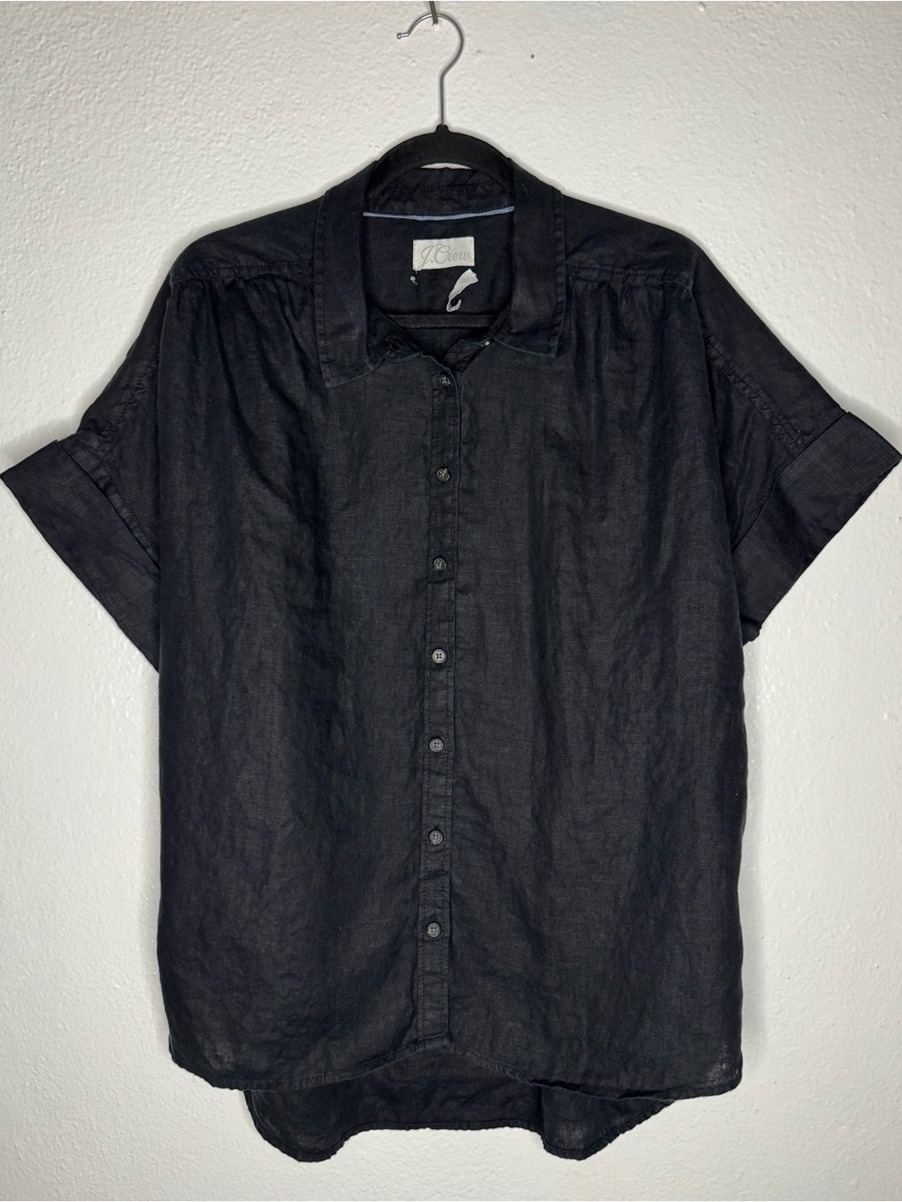 J. Crew 100% Linen Black Short-Sleeve Relaxed Button-Down Shirt Sz L